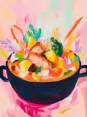 Schilderij van een zwarte pan met kip en kleurrijke groenten.