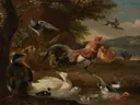 Kippen en eenden van Melchior d'Hondecoeter: dieren met kippen, eenden, haan en duiven, in groen, bruin en wit