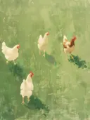 Schilderij van kippen die rondlopen in een groen weiland.