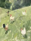 Schilderij van kippen in een groen weiland