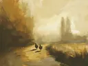Schilderij van twee kippen die over een landweg lopen bij zonsondergang.