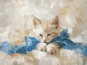 Schilderij van een katje met een blauw lint