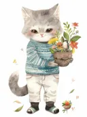 Schilderij van een kitten met een bloemenmandje, kinderkamer decoratie
