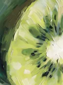 Macro schilderij van een doorgesneden kiwi in groene tinten