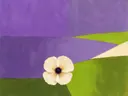 Schilderij van klaproos van dichtbij in violet en limoen, in vlakke kleurvlakken