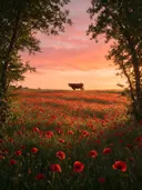 Landschapsfoto van klaprozen bij de zonsondergang, met een koe aan de rand van het veld