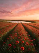 Landschapsfoto van klaprozen bij de zonsondergang, met zwanen