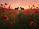 Landschapsfoto van klaprozen bij de zonsondergang, met twee paarden die elkaar aankijken