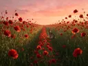 Landschapsfoto van klaprozen bij de zonsondergang, met een konijn