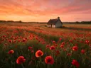 Landschapsfoto van klaprozen bij de zonsondergang, met een rieten boerderijwoning tussen de rijen