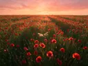 Landschapsfoto van klaprozen bij de zonsondergang, met een libelle