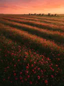 Landschapsfoto van klaprozen bij de zonsondergang, met een rij bijenkorven