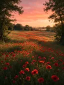 Landschapsfoto van klaprozen bij de zonsondergang, met een stoomtrein in de verte