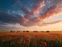 Landschapsfoto van klaprozen bij het gouden uur, met een kleine kudde paarden