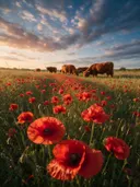 Landschapsfoto van klaprozen bij het gouden uur, met een kudde Schotse Hooglanders