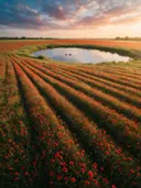 Landschapsfoto van klaprozen bij het gouden uur, met een koppel eenden