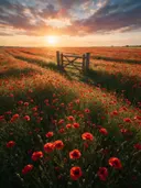 Landschapsfoto van klaprozen bij het gouden uur, met een houten poort bij de ingang van het veld
