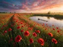 Landschapsfoto van klaprozen bij het gouden uur, met een eend met haar kuikens
