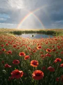 Landschapsfoto van klaprozen bij het moment na de regen, met een kikker op een blad