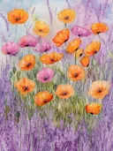 Aquarel schilderij van oranje klaprozen in een paars lavendelveld