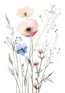 Aquarel van roze klaprozen tussen veldbloemen