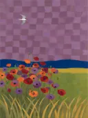 Schilderij van klaprozenveld in alle kleuren van de regenboog, in vlakke kleurvlakken
