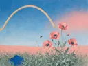 Schilderij van klaprozenveld in hemelsblauw en zalm, in vlakke kleurvlakken