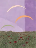 Schilderij van klaprozenveld in lila en mosgroen, in vlakke kleurvlakken