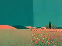 Schilderij van klaprozenveld in petrol en koraal, in vlakke kleurvlakken