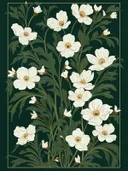 Klassiek bloemenpatroon met witte bloemen op een donkergroene achtergrond.