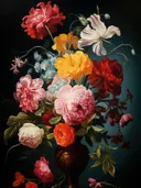 Klassiek stilleven met pioenrozen en tulpen op een donkere achtergrond.