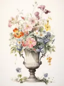 Botanische illustratie van een bloemboeket in een klassieke sierurn.