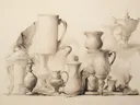 Sepia tekening van een stilleven met vazen en kannen