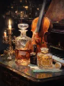Klassiek stilleven met viool en karaffen, stilleven schilderij