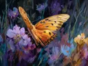 Schilderij van een oranje-zwarte monarchvlinder tussen groene bladeren en bloemen