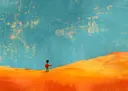 Klein figuur in de oranje woestijn, landschap schilderij