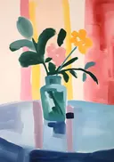 Kleine bloemetjes in turquoise vaas, botanisch schilderij