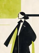 Kleine figuur in het vlak in chartreuse, mid-century modern schilderij