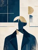 Kleine figuur in het vlak in stormblauw, mid-century modern schilderij