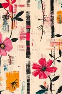 Schilderij met een patroon van kleine roze bloemen en een zwarte verticale streep op crème achtergrond