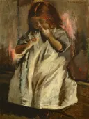 Kleines Mädchen Studie zur Kleinkinderschule 1875 van Max Liebermann: portret met meisje, staand, schort en kind, in warm bruin en wit