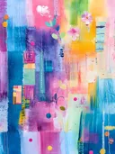 Abstract schilderij met blauwe en roze kleurblokken en een roze bloesemtak met stiksel-lijnen
