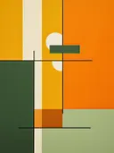 Abstract geometrisch schilderij met gele, oranje en groene kleurblokken.