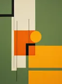 Abstract geometrisch schilderij met groene en oranje kleurblokken en een cirkel.