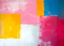 Abstract schilderij met grote kleurvlakken in roze, geel en blauw