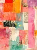 Mixed-media collage schilderij met kleurblokken in rood, oranje en roze en een decoratief patroonfragment