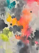 Abstract schilderij met kleurrijke inktvlekken in teal, geel, oranje en roze