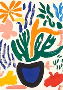 Kleurrijk abstract schilderij van een bloemenboeket in een vaas