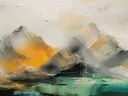 Schilderij van een kleurrijk berglandschap bij zonsondergang