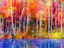 Kleurrijk schilderij van een berkenbos bij het water